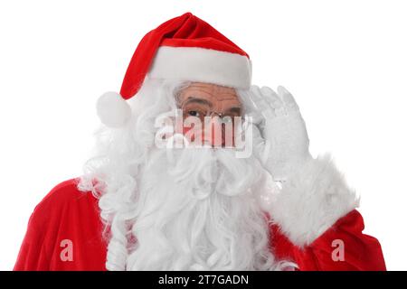 Mann im Weihnachtsmann-Kostüm posiert auf weißem Hintergrund Stockfoto