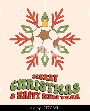 Fußball Frohe Weihnachten und Happy New Year Groovy Sports Grußkarte. Hängender Ball als grooviger Weihnachtsball auf lebendigem Hintergrund. Vektorillustr Stock Vektor