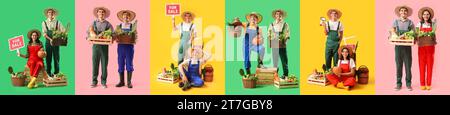 Gruppe von Junglandwirten auf farbigem Hintergrund Stockfoto