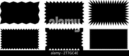 Zick-Zack-Edge-Kollektion mit rechteckiger Form. Set gezackter rechteckiger Elemente. Schwarzes Design-Element-Paket für Dekoration, Banner, Poster, Vorlage, Aufkleber, Abzeichen, Etikett, Etikett. Vektorbündel Stock Vektor