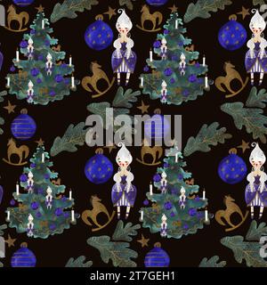 Puppen, Schaukelpferde, Weihnachtsbäume. Nahtloses Aquarellmuster für Neujahr- und Weihnachtspapier. Geschenke im Vintage-Stil für Kinder unter Stockfoto