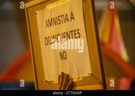 15. November 2023: Oviedo, Spanien, 15. November 2023: Ein Poster mit der Aufschrift „Amnestie für Kriminelle nicht“ während der Kundgebung gegen Amnestie und Verrat!, am 15. November 2023 in Oviedo, Spanien. Quelle: Alberto Brevers / Alamy Live News. (Kreditbild: © Pacific Press via ZUMA Press Wire) NUR REDAKTIONELLE VERWENDUNG! Nicht für kommerzielle ZWECKE! Stockfoto