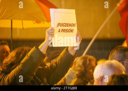 15. November 2023: Oviedo, Spanien, 15. November 2023: Eine Dame mit einem Schild mit der Aufschrift „Puigdemont ins Gefängnis“ während der Kundgebung gegen Amnestie und Verrat!, am 15. November 2023 in Oviedo, Spanien. Quelle: Alberto Brevers / Alamy Live News. (Kreditbild: © Pacific Press via ZUMA Press Wire) NUR REDAKTIONELLE VERWENDUNG! Nicht für kommerzielle ZWECKE! Stockfoto