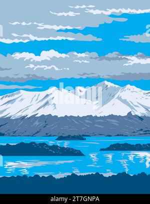 WPA-Plakatkunst des Lake Clark und der Chigmit Mountains im Lake Clark National Park and Preserve im Südwesten Alaskas, USA, durchgeführt in Works Projekt Stockfoto