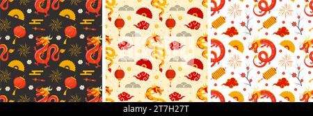 Frohes Chinesisches Neujahr 2024 Nahtloses Muster-Design. Übersetzung : Jahr des Drachen. Mit Laterne, Drachen und China-Elementen in flacher Illustration Stock Vektor