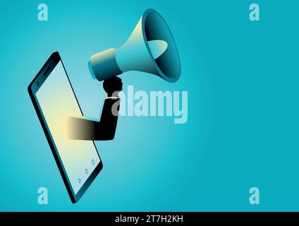 Illustration eines Geschäftskonzepts einer Hand mit Megaphon, die vom Smartphone erscheint. Digitales Marketing, Kommunikation, Werbekonzept Stock Vektor