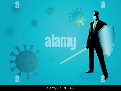 Geschäftskonzept, Darstellung eines Geschäftsmannes, der ein Schwert und einen Schild hält, Vorbereitung, Schutz, Vorsorge gegen eine Pandemie Stock Vektor