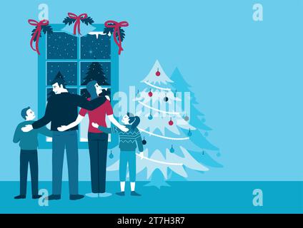 Einfache flache Vektor-Illustration der glücklichen Familie vor dem Fenster während der Winterzeit, Weihnachtsthema. Stock Vektor