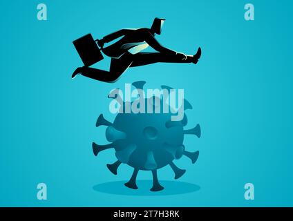 Geschäftskonzeptvektor Darstellung eines Geschäftsmannes, der überspringt, um Finanzprobleme zu überwinden, Überleben während der Pandemie, Coronavirus Covid-19-Ausbruch Stock Vektor