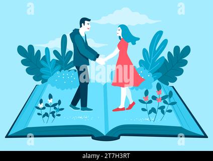 Einfache flache Vektordarstellung von Mann und Frau, die Hände halten Im geöffneten Buch Stock Vektor