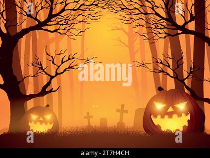 Silhouettendarstellung von Bäumen in dunklen, gruseligen Wäldern, für Halloween-Themen oder Hintergrund Stock Vektor