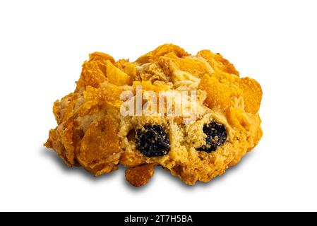 Einzelnes köstliches hausgemachtes knuspriges Cornflakes-Cookie isoliert auf weißem Hintergrund mit Schneidepfad. Stockfoto