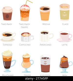 Verschiedene Koffeingetränke, Getränke für das Café-Menü Stock Vektor