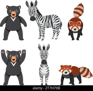 Illustration einer Gruppe von Bären, Zebras und rotem Panda in einem einfachen Zeichentrickstil Stock Vektor