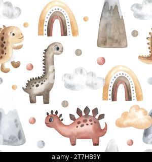 Süße Dinosaurier, Heißluftballons, Wolken, Regenbogen. Nahtloses Aquarellmuster, Boho-Stil. Handgezeichnet. Textil, Stoff, Tapete, Design beige Stockfoto