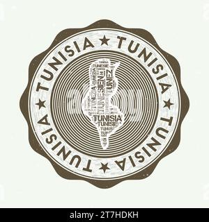 Tunesien-Siegel. Country Round-Logo mit Form von Tunesien und Ländername in mehreren Sprachen wordcloud. Fantastisches Emblem. Überzeugende Vektorillustration. Stock Vektor