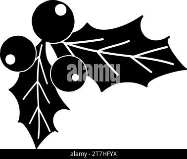 Doodle-Silhouette aus stechpalme mit Blättern, Element der Winterfestdekoration. Holly Beere, Wintersymbol. Einfacher schwarzer Freihandvektor IC Stock Vektor