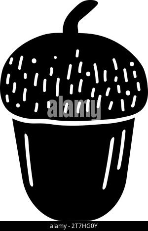 Doodle-Silhouette aus Acorn Nuss mit Kappe, Element der Winterfestdekoration. Acornuss, Winterfutter für Waldtiere. Einfacher schwarzer Freihandvekt Stock Vektor