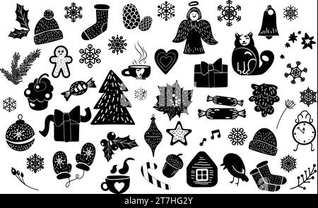 Kontur von Party-schwarzen Elementen der Weihnachtsdekoration. Spielzeug, Lebensmittel, Süßigkeiten, Getränke, Überraschungen und Geschenke, Neujahrsdekoration. Einfache schwarze s Stock Vektor