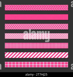 Dekoratives Washi Tape romantisches, niedliches flaches Set in Pink. Horizontale nahtlose Muster Band Linie Pastell Welle Punkt Raster geometrisches Geschenk Baby valentinstag Geburtstag festliche Party Textur Scrapbook isoliert Stock Vektor