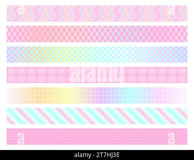 Dekoratives Washi Tape romantisches süßes, blaurosa flaches Set. Horizontale nahtlose Muster Band Linie Marshmallow Pastellwelle Punkt Raster geometrisches Geschenk Baby valentinstag Geburtstag festliche Party isoliert Stock Vektor
