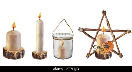 Aquarellillustrationen mit Kerze, Kerzen auf Holzständern, Kerze in Glasflasche. Weihnachtsästhetik, Winterfeier, Wohnkultur für uns Stockfoto
