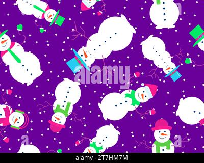 Nahtloses Muster für Schneemänner. Schneemänner in Hüten, Schals, Fäustlingen, Krawatten und Kopfhörern. Schneemann aus drei Schneebälle. Weihnachtsdesign für Banner und Stock Vektor