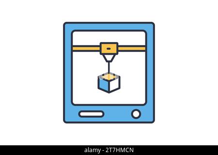 Symbol für 3D-Druck. 3D-Drucker in Aktion. Symbol für künstliche Intelligenz, 3D-Drucktechnologie und maßgeschneiderte Produktion. Flache Linie Symbol styl Stock Vektor