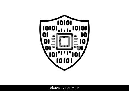 Symbol „Cybersecurity Shield“. Abschirmung mit Binärcode. Symbol zur Sicherung digitaler Infrastruktur und Daten in der Industrie. Liniensymbolstil. Einfacher Vect Stock Vektor