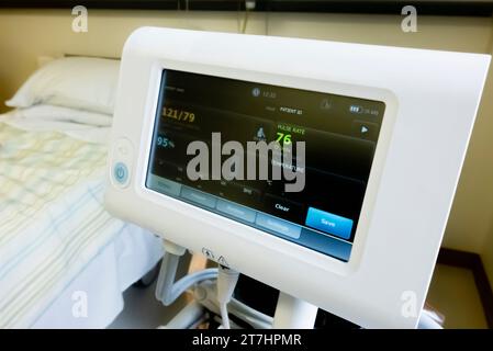 WelchAllyn Blutdruckmessgerät in einem Krankenhaus zeigt einen normalen Blutdruck von 121/79, und ein Blut Sättigung von 95 %. Stockfoto