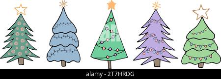 Weihnachtliche Sammlung von Bäumen mit Girlanden in Bettfarben. Symbol der Winterferien. Frohes neues Jahr und frohe Weihnachten. Einfache handgezeichnete Doodle SHA Stock Vektor