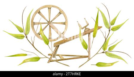 Handgezeichnetes Aquarellrad mit Bambusblättern auf dem Ast. Natürliche Pflanze. Botanische Illustration isolierte Objektkomposition auf weiß Stockfoto