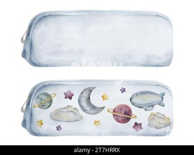 Aquarell handgezeichnete Illustration, Kinder Kinder Malmaterialien Zubehör, weiche Bleistiftetui mit Raumdesign. Einzelnes Objekt isoliert auf weiß Stockfoto