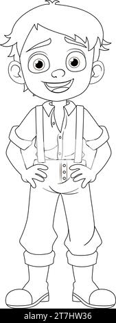 Ein junger Cowboy in Landbäuerkleidung mit einem fröhlichen, lächelnden Zeichentrickfiguren zum Ausmalen von Seiten Stock Vektor