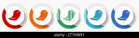 Vogel-, Tier-, twitter-Vektorsymbole, flaches Design farbenfrohe runde Symbole in 5 Farboptionen für Webdesign und mobile Anwendungen Stock Vektor