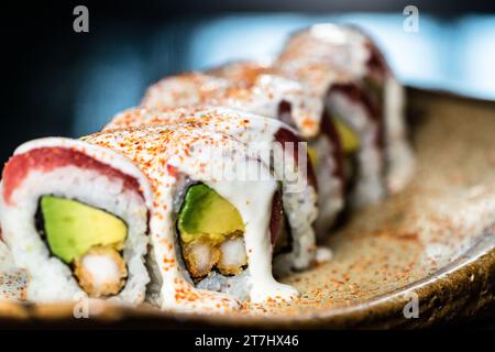 Ein Teller mit frisch zubereiteten Sushi-Brötchen, bereit zum Genießen Stockfoto