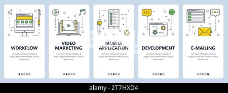 Vektorsatz mit vertikalen Bannern mit Workflow, Videomarketing, Mobile-Anwendung, Entwicklung, E-Mail-Website-Vorlagen. Moderner, flacher Ständer mit dünner Linie Stock Vektor