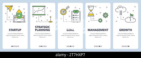 Vektorsatz mit vertikalen Bannern mit Vorlagen für Startup, strategische Planung, Ziel, Management, Wachstum. Modernes, flaches Design. Stock Vektor