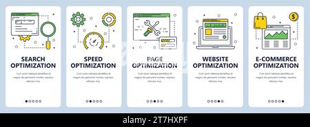 Vektorsatz mit vertikalen Website-Bannern. Suchoptimierung und -Geschwindigkeit, Webvorlagen zur Optimierung von Seiten, Websites und E-Commerce. Moderne flache Linie Stock Vektor