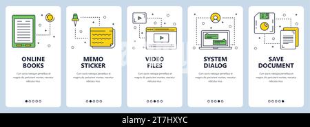 Vektorsatz vertikaler Banner mit Online-Büchern, Memo-Sticker, Videodateien, Systemdialog, Vorlagen für Dokument-Website speichern. Moderner, flacher Ständer mit dünner Linie Stock Vektor