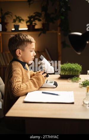 Junge am Arbeitsplatz mit einem Mikroskop zu Hause. Hausaufgaben in Biologie machen. Prozess der Lehre und wissenschaftlichen Forschung, Abendstimmung Stockfoto