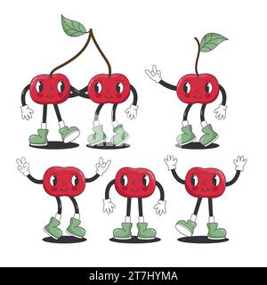 Set mit lustigen Retro Groovy Cartoon Hippie Berry Charakteren. Comic Kirschen Kollektion. Groovige Sommer-Vektor-Illustration. Süßes, saftiges frisches Obst aus den 90er Jahren Stock Vektor