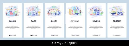 Onboarding-Bildschirme für mobile Apps. Computerspiele, Cybersport, Spieloptionen, Rennen. Menüvektorbanner-Vorlage für Website- und mobile Entwicklung. Web Sit Stock Vektor