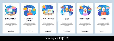 Onboarding-Bildschirme für mobile Apps. Videorezept, Kochen, Restaurantkoch, Menü. Menüvektorbanner-Vorlage für Website- und mobile Entwicklung. Web Stock Vektor