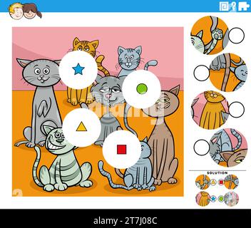Zeichentrickillustration von pädagogischen Match the Pieces Puzzle-Aktivität mit lustigen Katzen Tierfiguren Stock Vektor