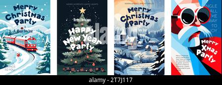 Frohe Weihnachten und Happy New Year Poster. Fröhlicher Urlaub Weihnachtsfeier Vektor Flyer. Polar Express bringt Geschenke in die Winterstadt. Geschmückter Weihnachtsbaum und Weihnachtsmann laden zum Feiern ein. Eps Stock Vektor