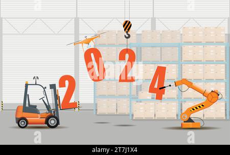 Neujahrskonzept. Zahlen für das neue Jahr 2024 mit der Verwendung von Lagereinrichtungen. Stock Vektor