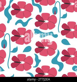 Mohnmuster mit Schmetterlingen. Rote Blumen auf weißem Hintergrund. Kann für Textilien, Tapeten, Drucke und Webdesign verwendet werden. Vektor Stock Vektor