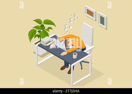 Isometrisch müde überarbeitete Angestellte, die im Büro schläft. Ermüdungs- und Erschöpfungskonzept. Müder Geschäftsmann, der vor ihm auf seinem Schreibtisch schläft Stock Vektor