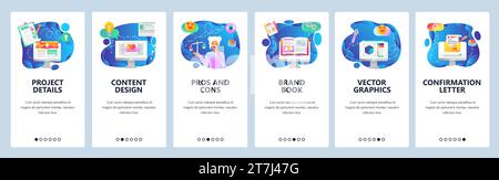 Onboarding für Website und mobile App. Vektorvorlage für Menübanner für die Website- und Anwendungsentwicklung. Projektdetails, Content-Design, Pros und Stock Vektor